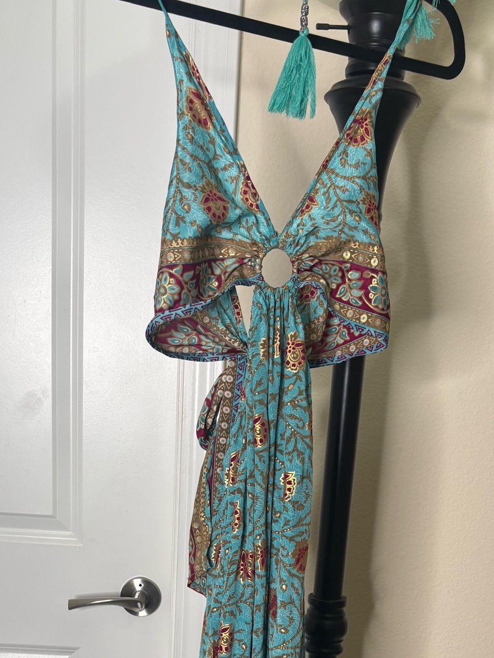 Turquoise Floral Print Backless Halter Maxi Dress with Ring Detail